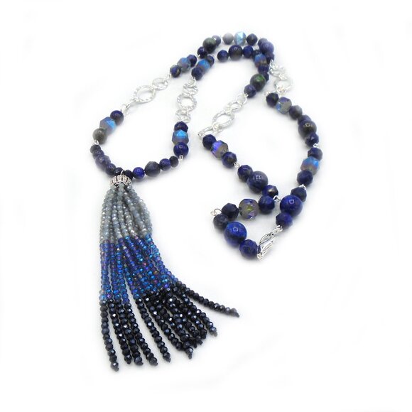 💥NWT💥NATURAL LAPIS LAZULI and Chrysocholla Long Necklace and Earrings Set - Picture 1 of 5